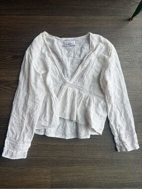 Urban Outfitters White Embroidered Peplum V-Neck Blouse